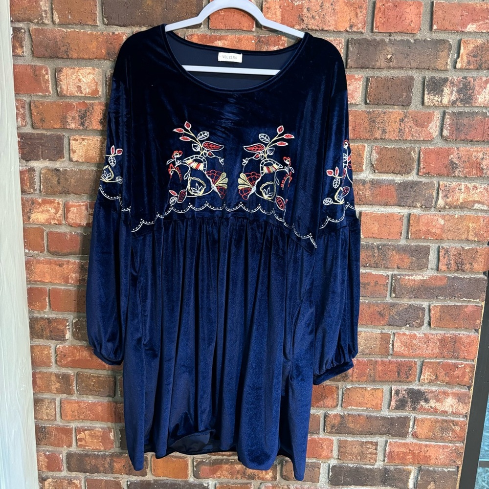 Velzera womens velvet embroidered floral boho hippie knee length dress blue 3X